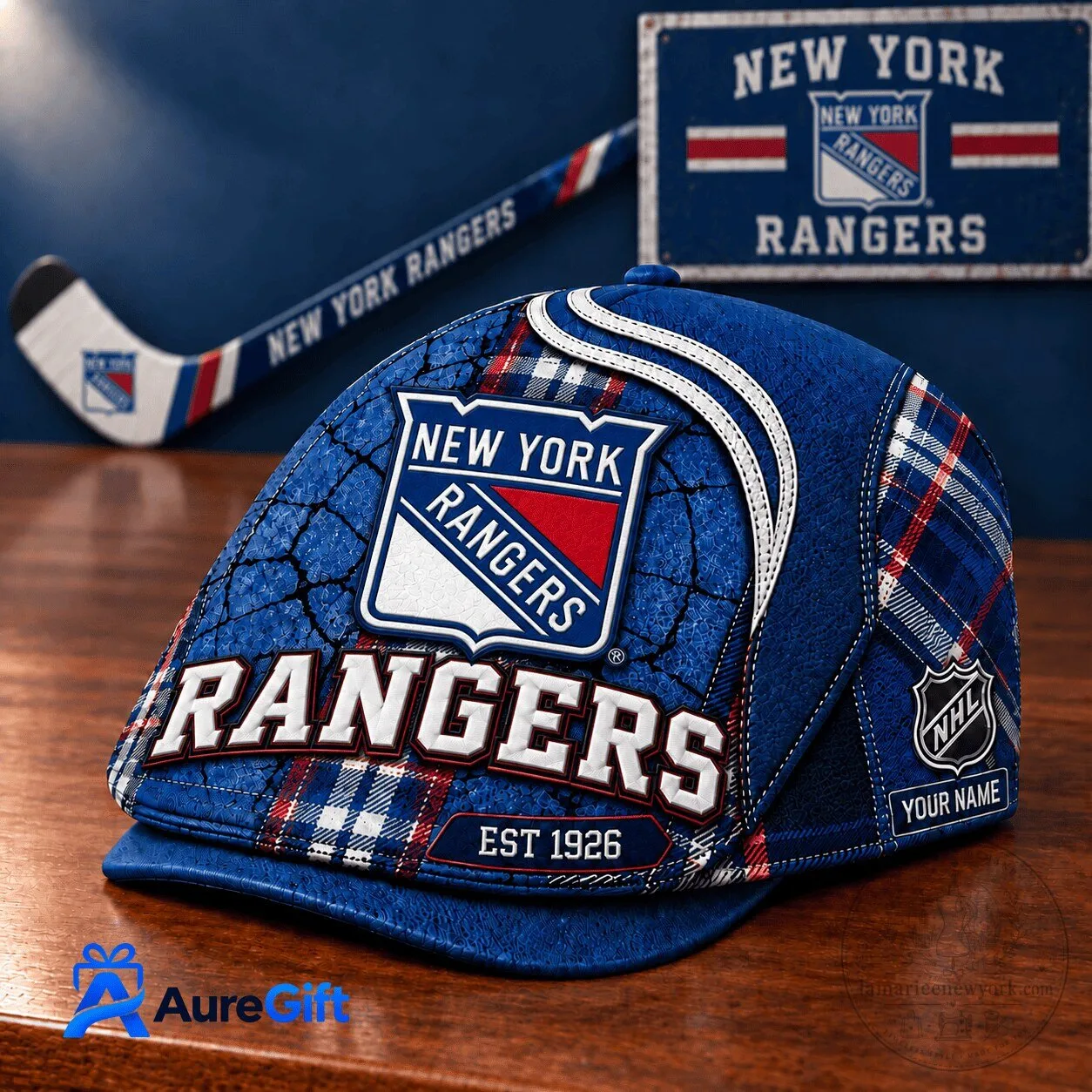 New York Rangers NHL Plaid Pattern Personalized Flat Cap Hat 1 New York Rangers NHL Plaid Pattern Personalized Flat Cap Hat