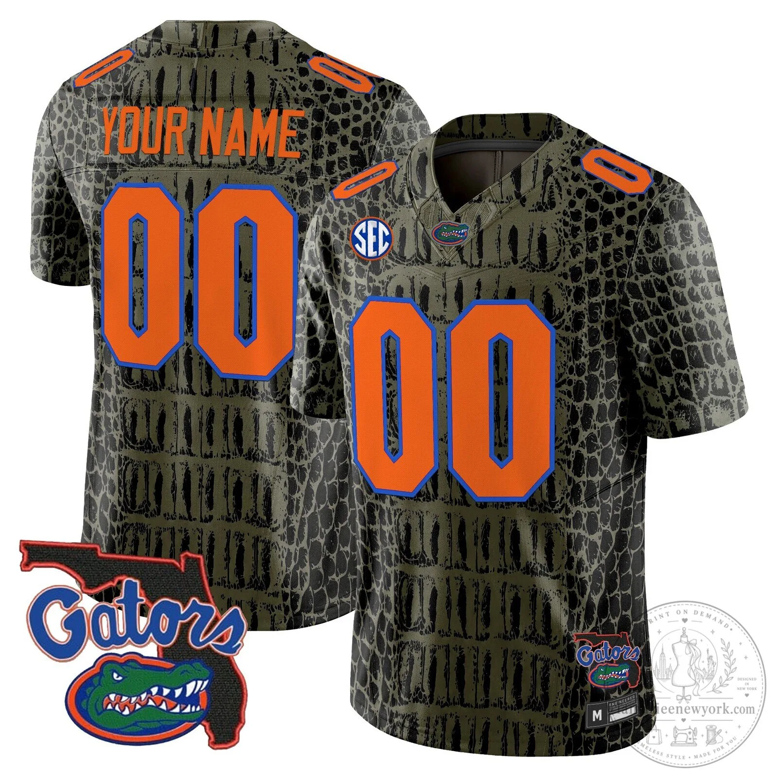 Custom Football Jersey with Alligator Skin Pattern in Olive Green for Florida Gators Fans