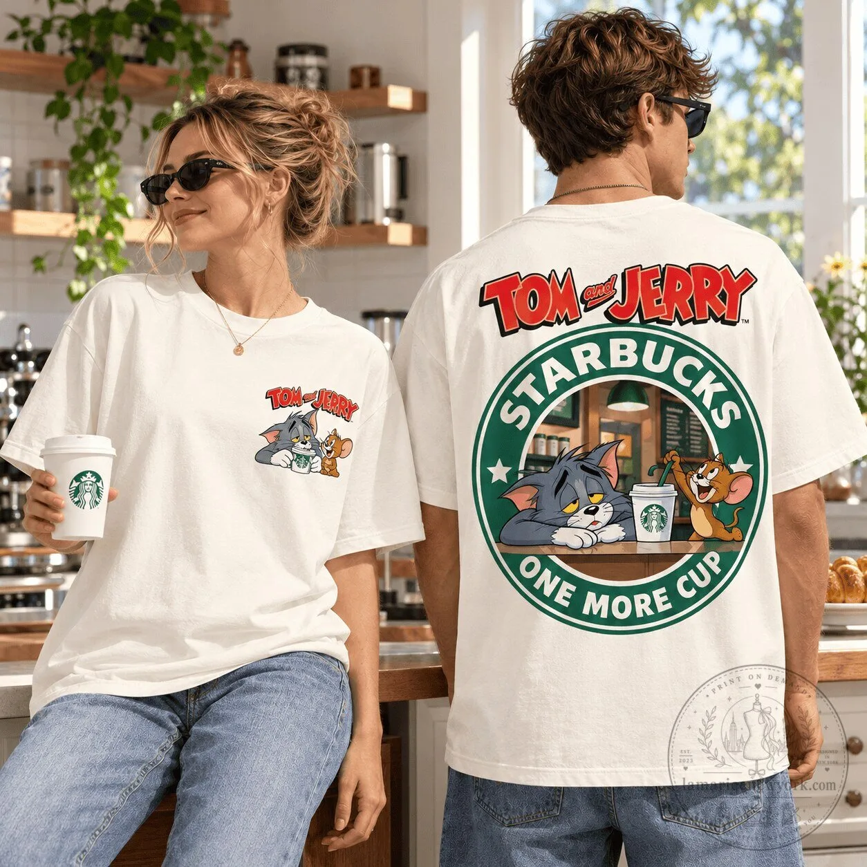Tom and Jerry Starbucks One More Cup Coffee Cartoon Graphic T-Shirt 1 Tom and Jerry Starbucks One More Cup Coffee Cartoon Graphic T-Shirt