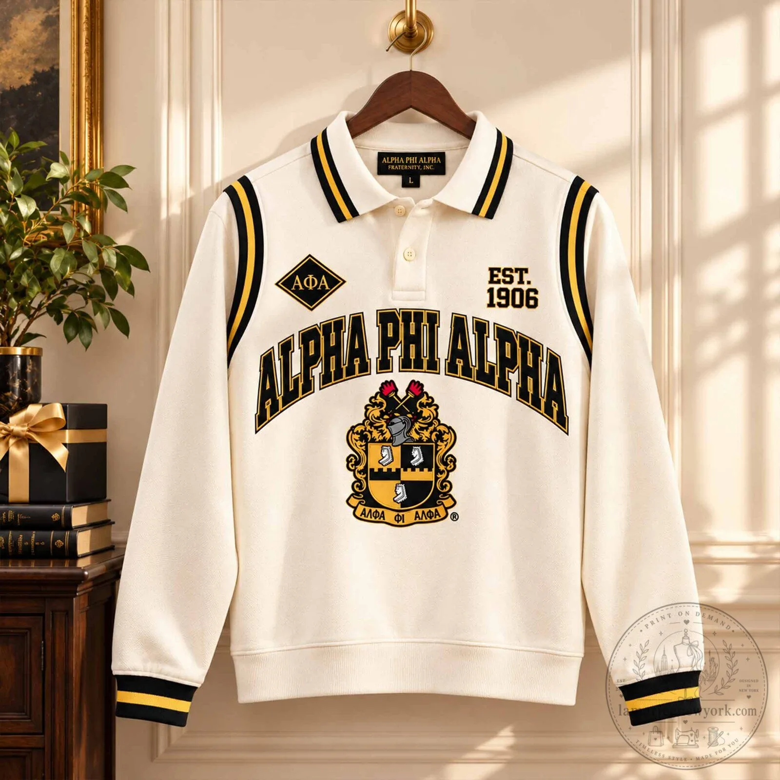 Cream Polo Shirt featuring Alpha Phi Alpha Fraternity Design 6 Cream Polo Shirt featuring Alpha Phi Alpha Fraternity Design