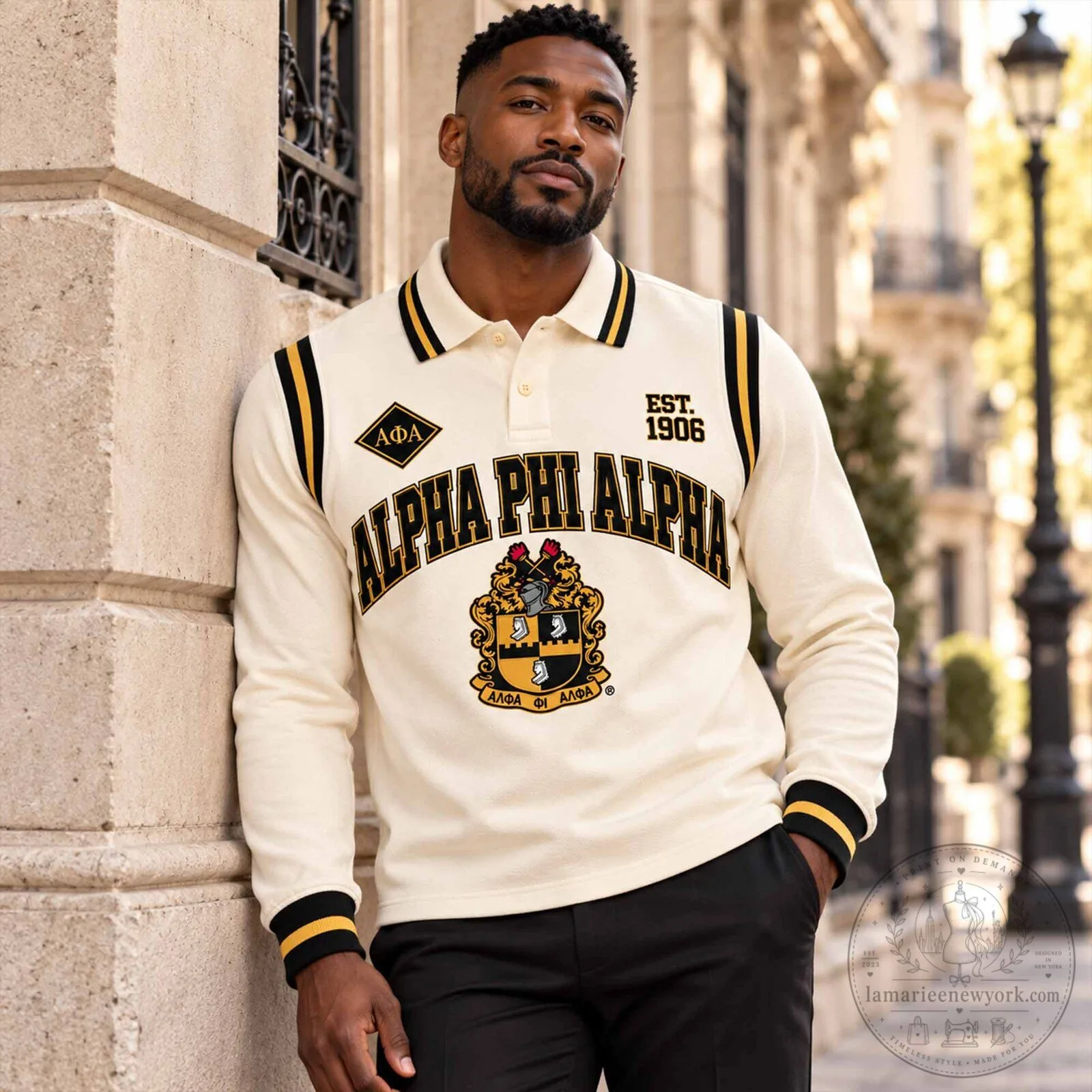 Cream Polo Shirt featuring Alpha Phi Alpha Fraternity Design 7 Cream Polo Shirt featuring Alpha Phi Alpha Fraternity Design