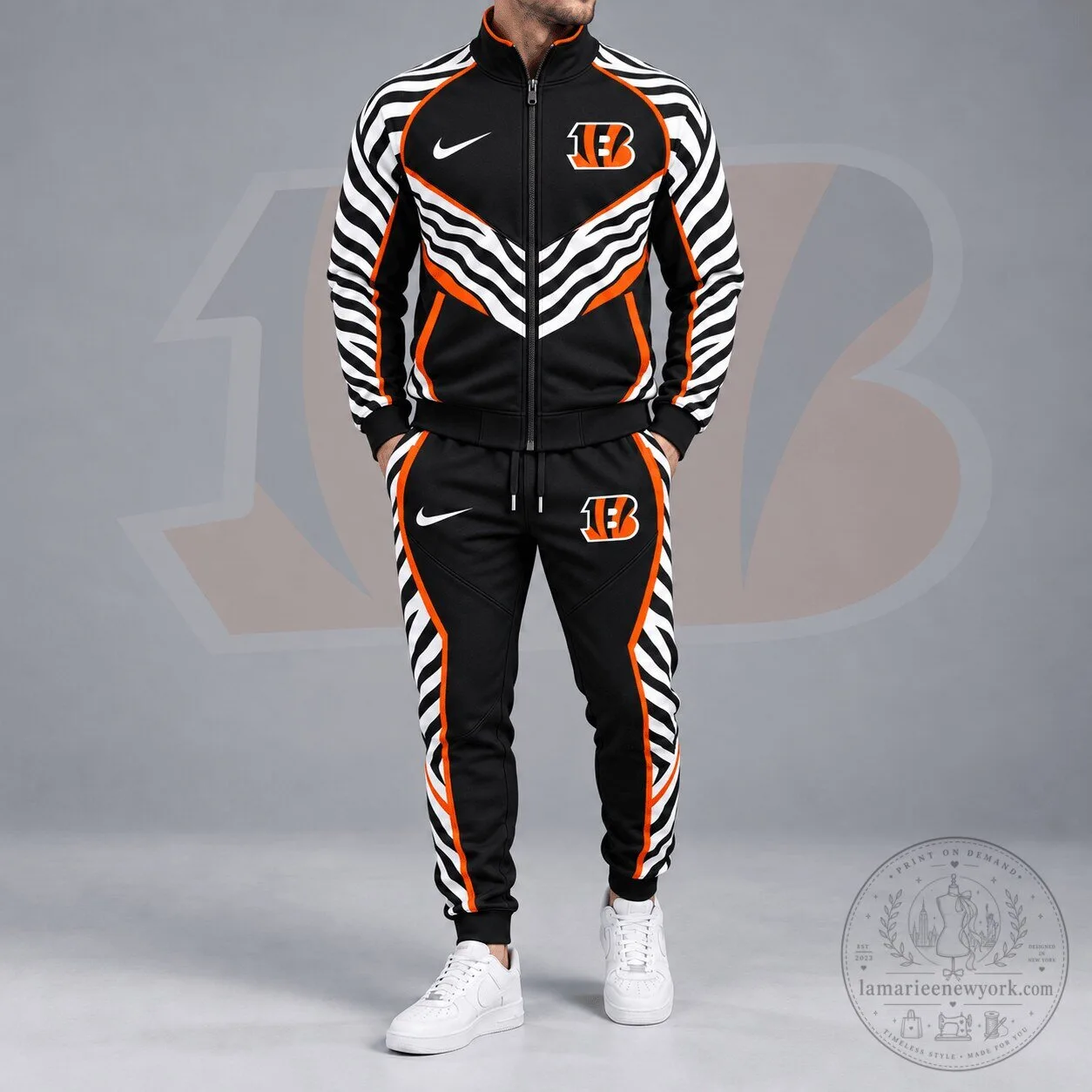 Cincinnati Bengals Dynamic Tiger Stripe Print Full Zip Track Jacket and Jogger Pants Set